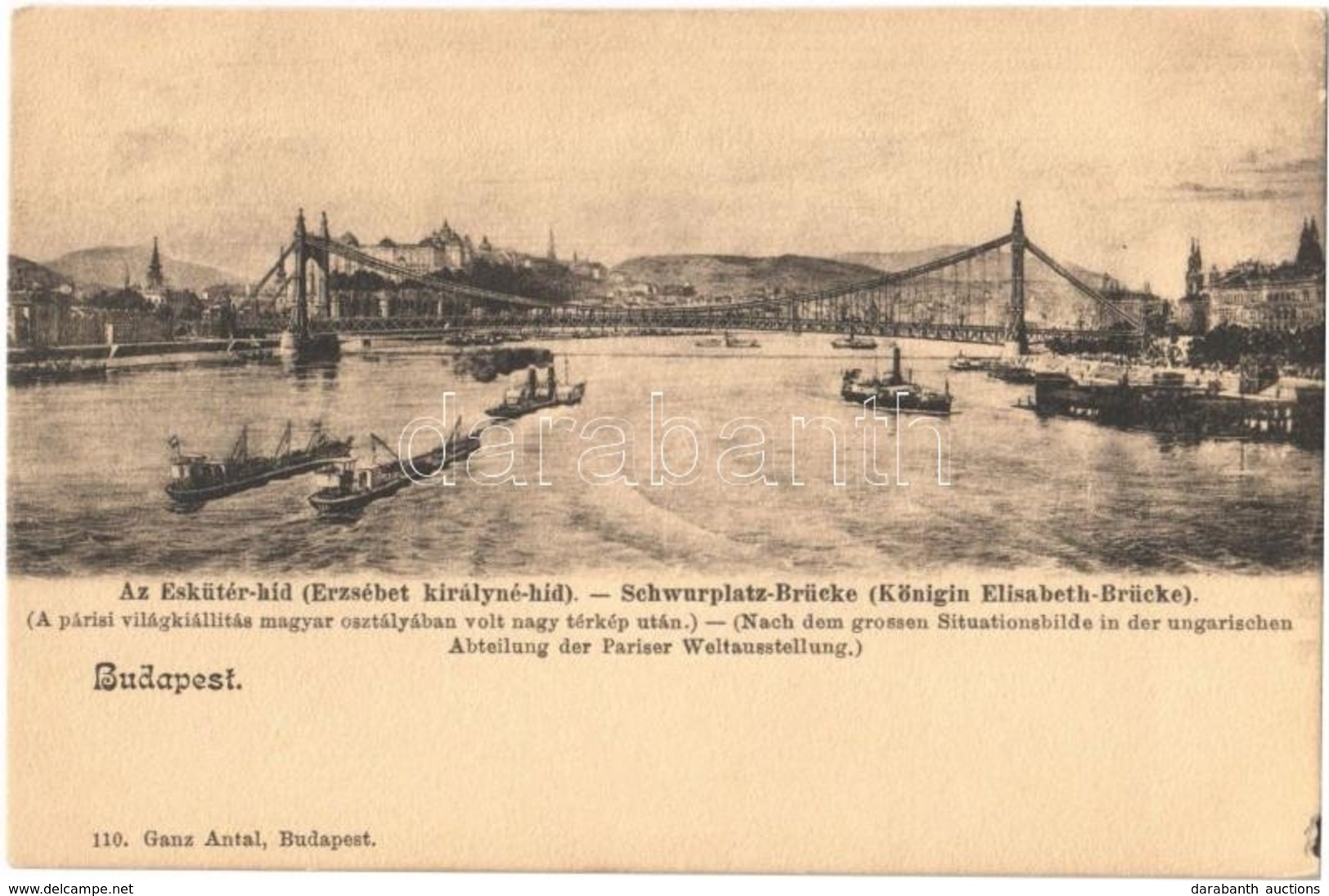 ** T1 Budapest, Eskü Téri Híd (Erzsébet Királyné Híd), Darus Gőzhajók, Uszályok. Ganz Antal 110. - Sin Clasificación