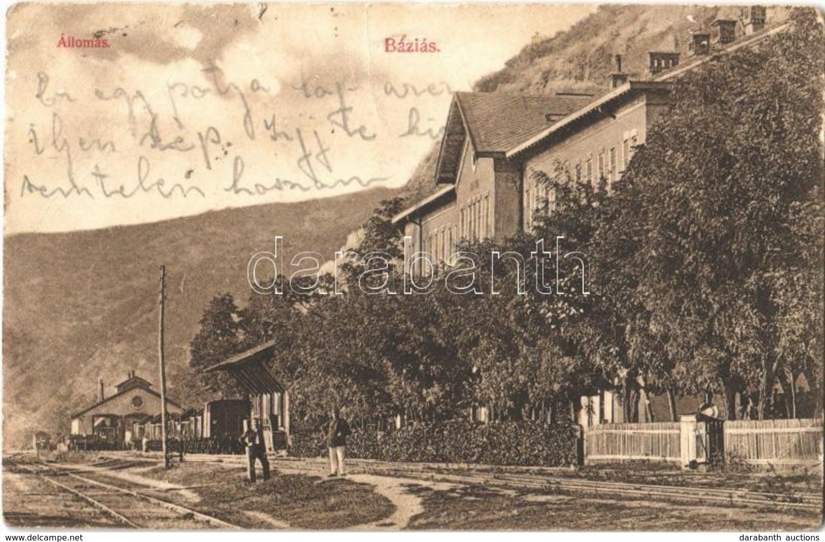 T3 1924 Báziás, Vasútállomás, Vasutasok. Mühsammer A. Kiadása / Railway Station, Railwaymen (EB) - Sin Clasificación