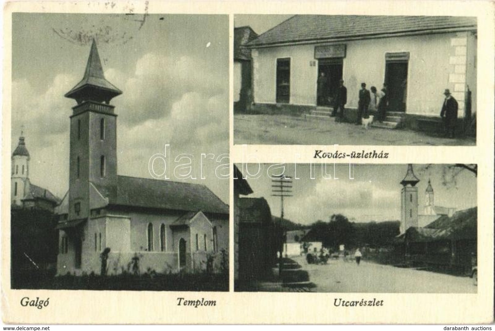 T2/T3 1944 Galgó, Galgau; Templom, Kovács-üzletház, Utcarészlet / Church, Shop, Street View (EK) - Sin Clasificación