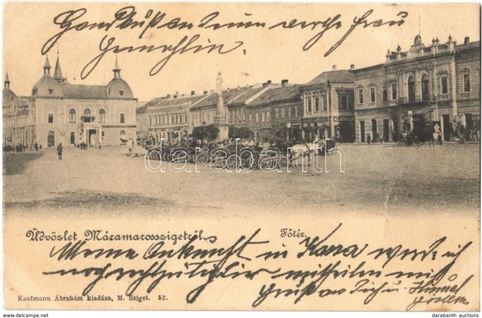 T2/T3 1903 Máramarossziget, Sighetu Marmatiei; Fő Tér, Korona Szálloda és Kávéház, Klein D. üzlete / Main Square, Hotel  - Sin Clasificación