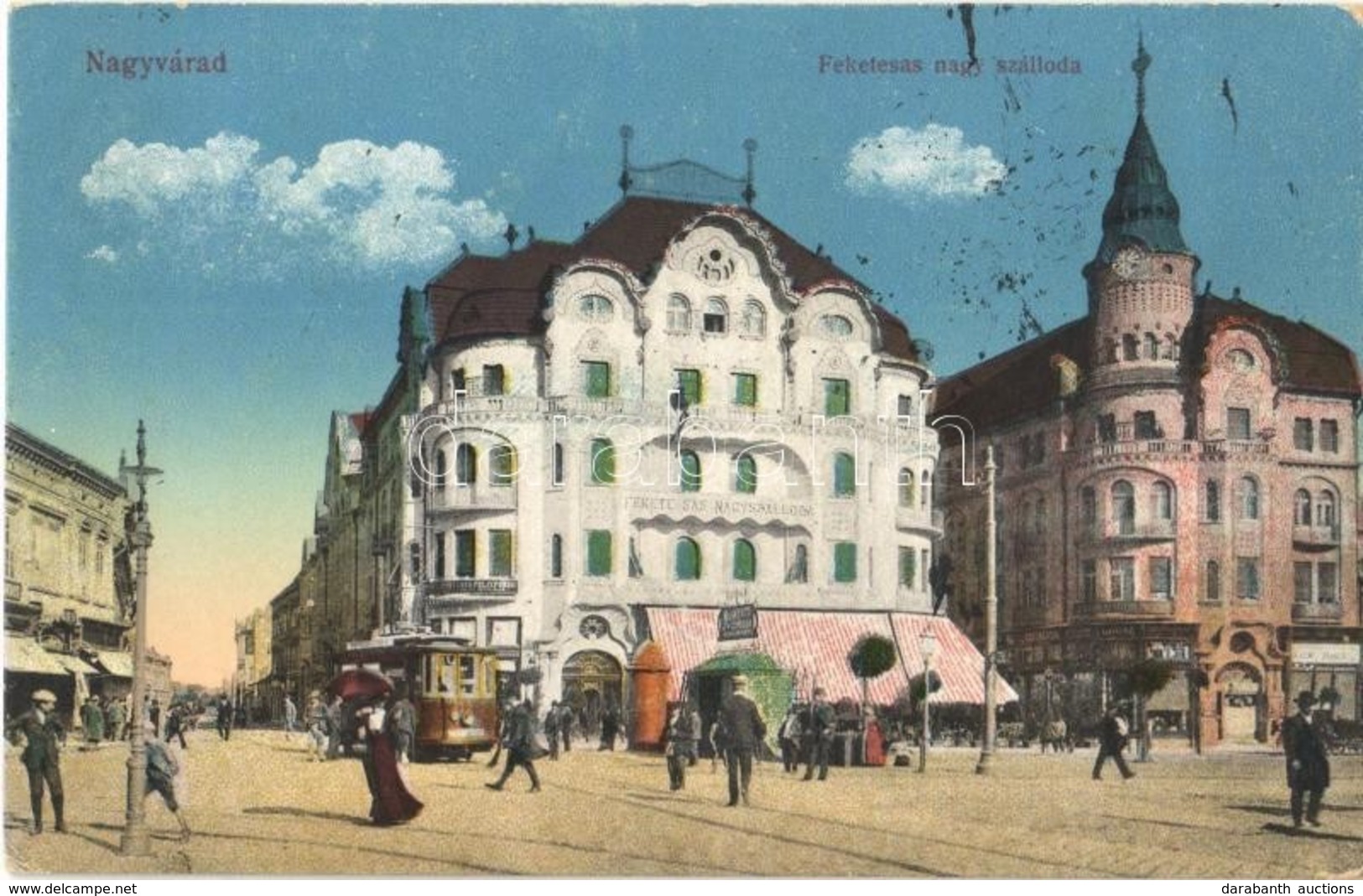 T2/T3 1916 Nagyvárad, Oradea; Fekete Sas Nagyszálloda, Villamos, Grosz üzlete, Moskovits Cipőgyár Kioszkja. 23. Sz. 1916 - Sin Clasificación