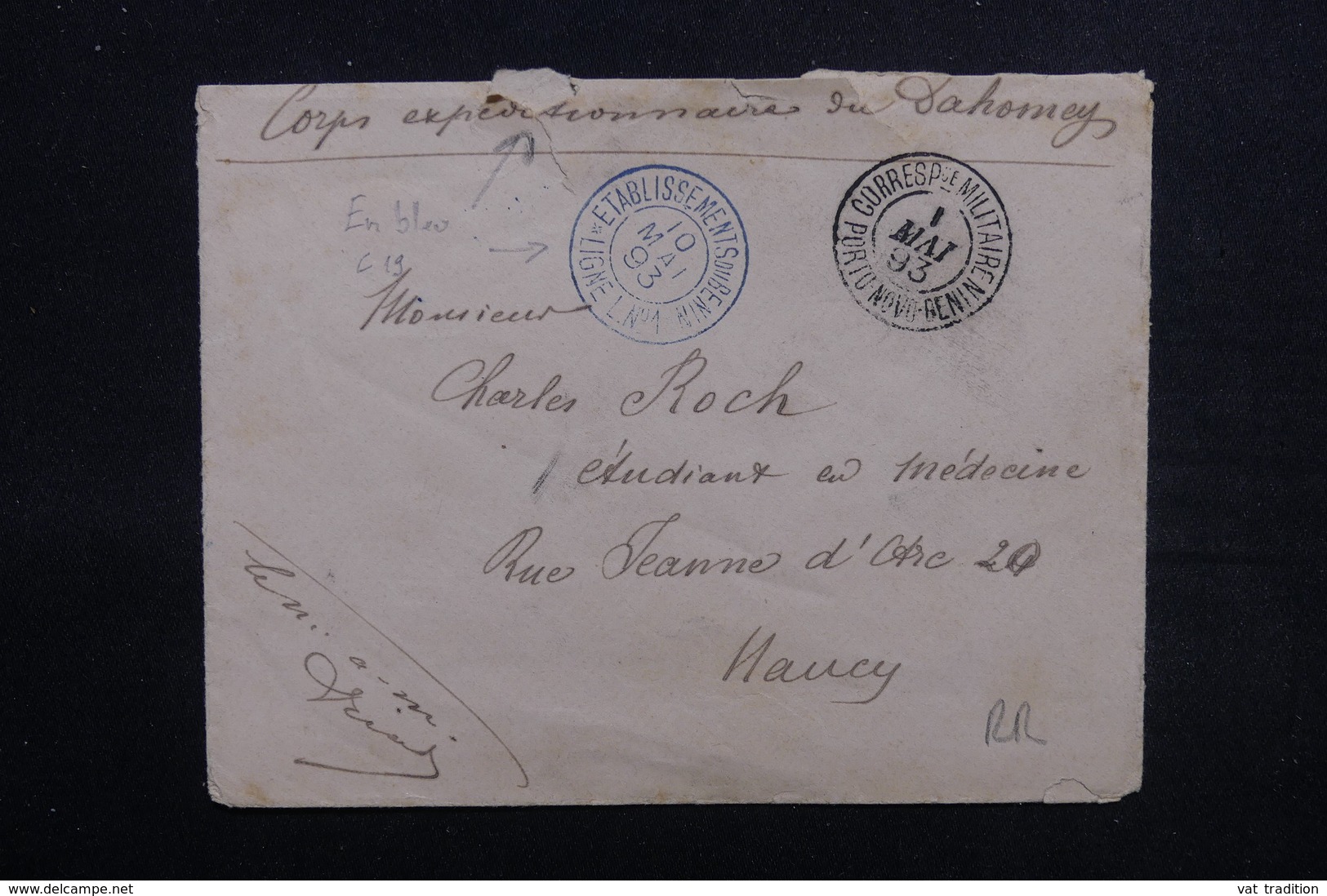 BENIN - Enveloppe En FM Du Corps Expéditionnaire Du Dahomey Pour Nancy En 1893 ,voir 2 Cachets Militaire - L 51643 - Covers & Documents