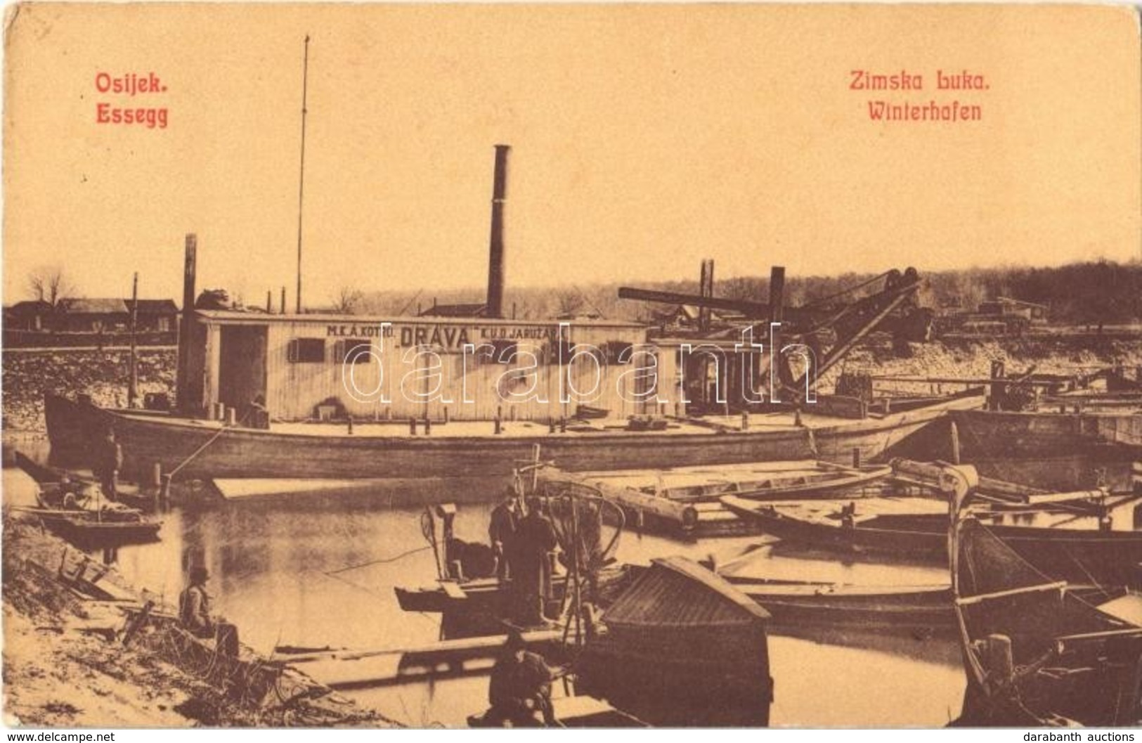 T2/T3 1916 Eszék, Essegg, Osijek; Zimska Luka / Winterhafen / Téli Kikötő, MKÁ Kotróhajó, Uszályok. W. L. (?) 631. / Win - Otros & Sin Clasificación