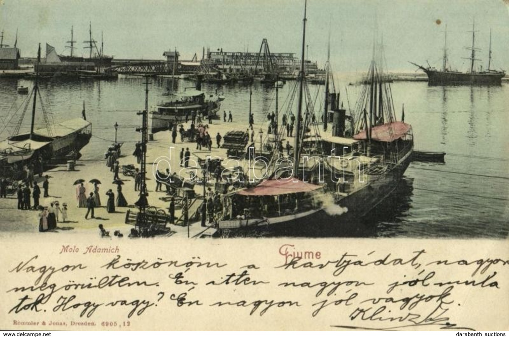 T3 1907 Fiume, Rijeka; Molo Adamich / Kikötő, Rakpart, Gőzhajók, Hajógyár, 'Velebit' Egycsavaros Tengeri Személyszállító - Otros & Sin Clasificación