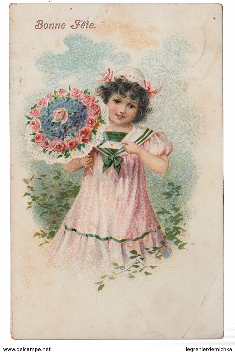 CPA FANTAISIE ILLUSTRATEUR Gaufrée - Enfant Fillette Bouquet De Fleurs Bonne Fête - 1900-1949