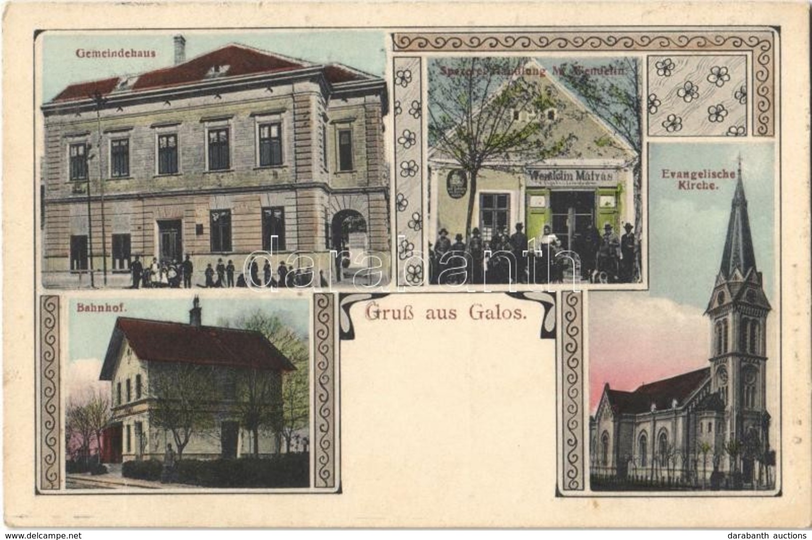 T2 1911 Gálos, Gols; Gemeindehaus, Spezerei-Handlung M. Wendelin, Evangelische Kirche, Bahnhof / Községháza, Pályaudvar, - Sin Clasificación