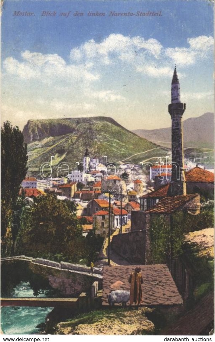 T2/T3 1917 Mostar, Blick Auf Den Linken Narenta-Stadtteil / General View, Mosque + 'K.u.K. Milit. Post Mostar 1' - Otros & Sin Clasificación