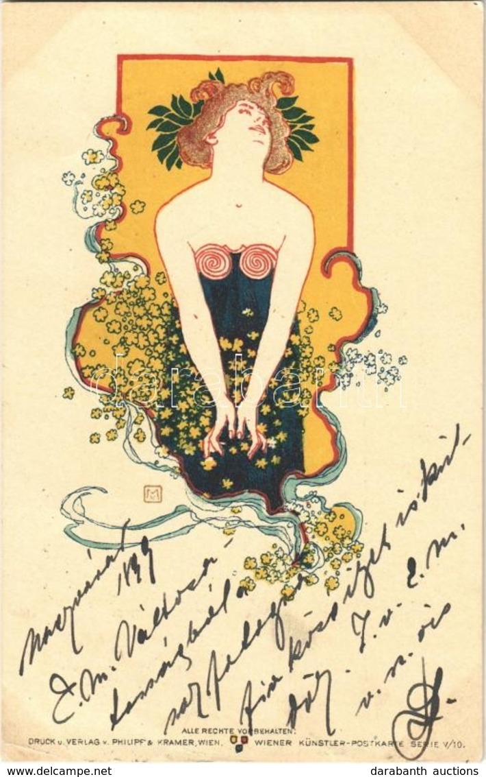 T2/T3 Art Nouveau Lady. Philipp & Kramer Wiener Künstler-Postkarte Serie V/10. S: Koloman Moser - Sin Clasificación