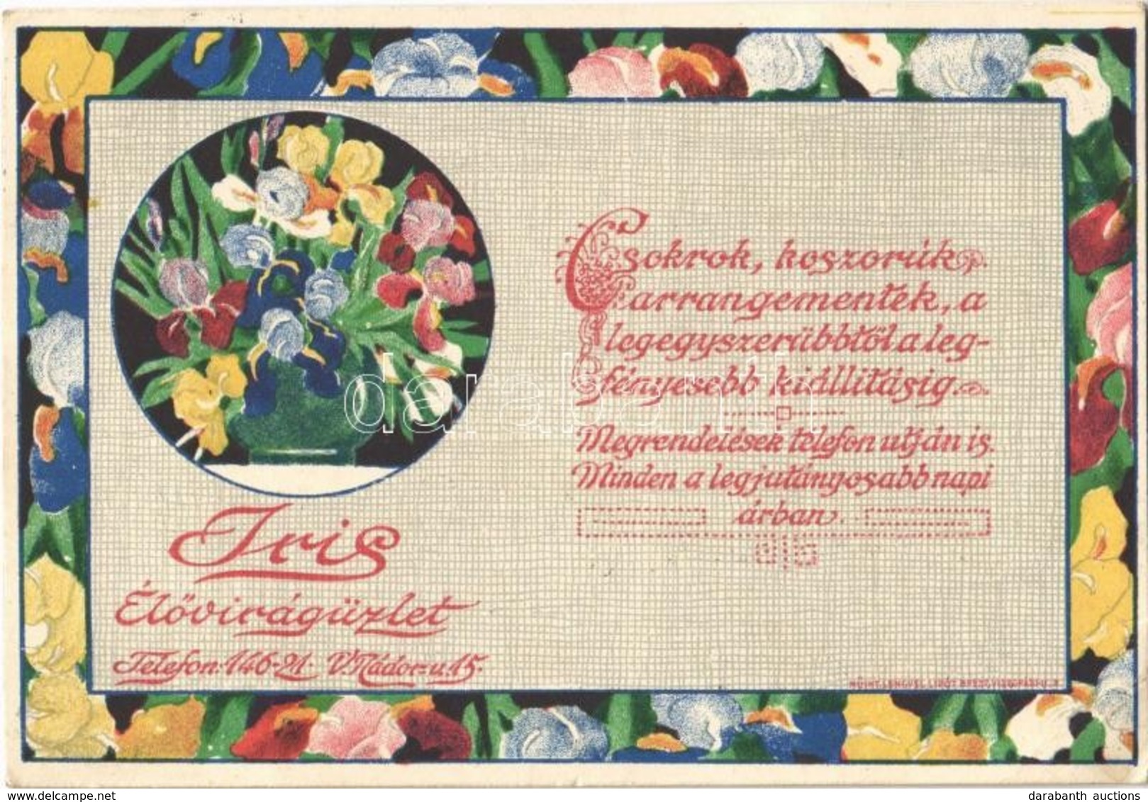 T2/T3 1914 Iris Élővirágüzlet. Budapest, Nádor Utca 15. Lengyel Lipót Műintézet Kiadása / Hungarian Flower Shop Advertis - Sin Clasificación