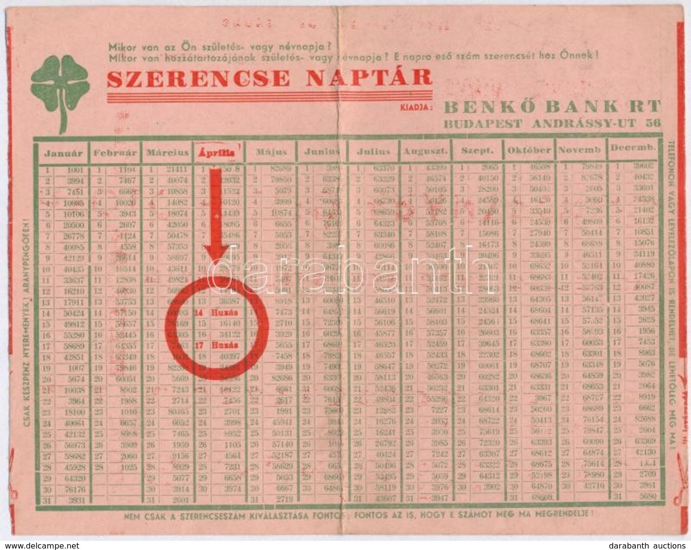 1934. 'Szerencse Naptár' Magyar Királyi Osztálysorsjáték Reklámja - Sin Clasificación