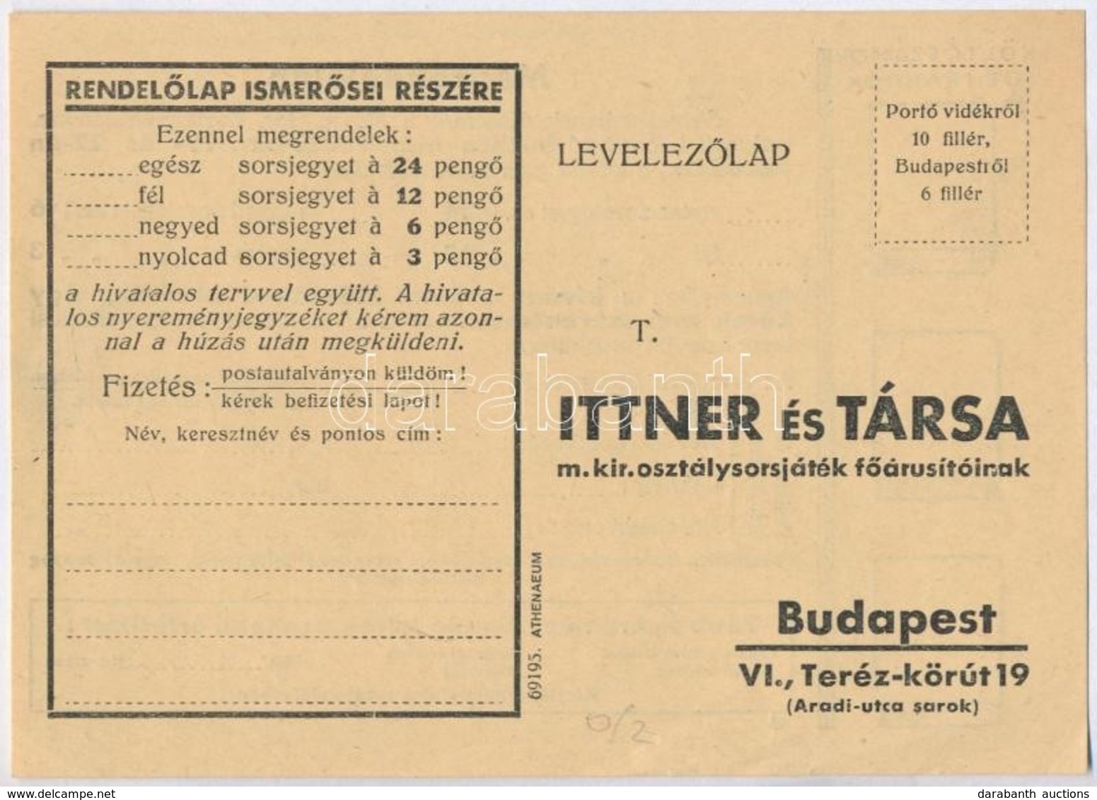 1935. 'Ittner és Társa M. Kir. Osztálysorsjáték Főárusítói' Kitöltetlen Levelezőlapos Hirdetése A '35. Magyar Királyi Os - Sin Clasificación