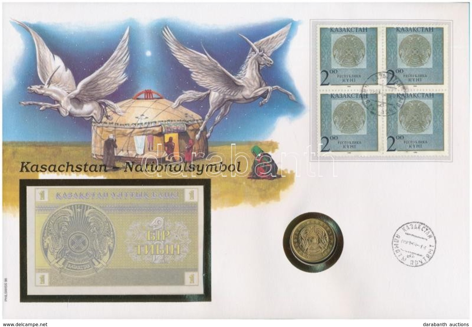 Kazahsztán 'Nemzeti Szimbólum' Felbélyegzett Borítékban, Bélyegzéssel, Benne Kazahsztán 1993. 1T Bankjegy és 1993. 10T,  - Sin Clasificación