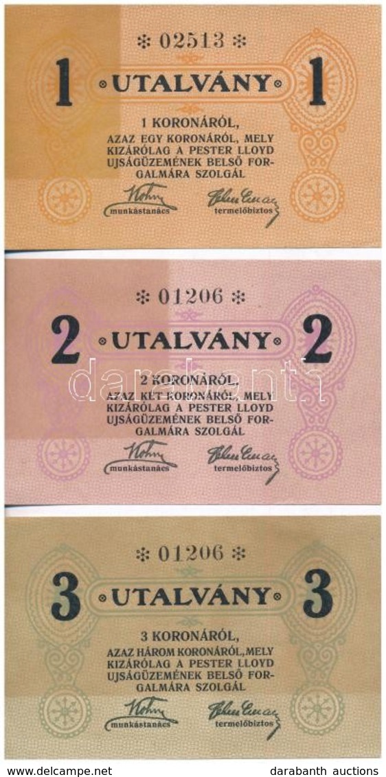 Budapest ~1920. 1K + 2K + 3K 'Pester Lloyd' Utalvány Hátoldali Bélyegző Nélkül T:I Fo.
Hungary / Budapest ~1920. 1 Koron - Sin Clasificación
