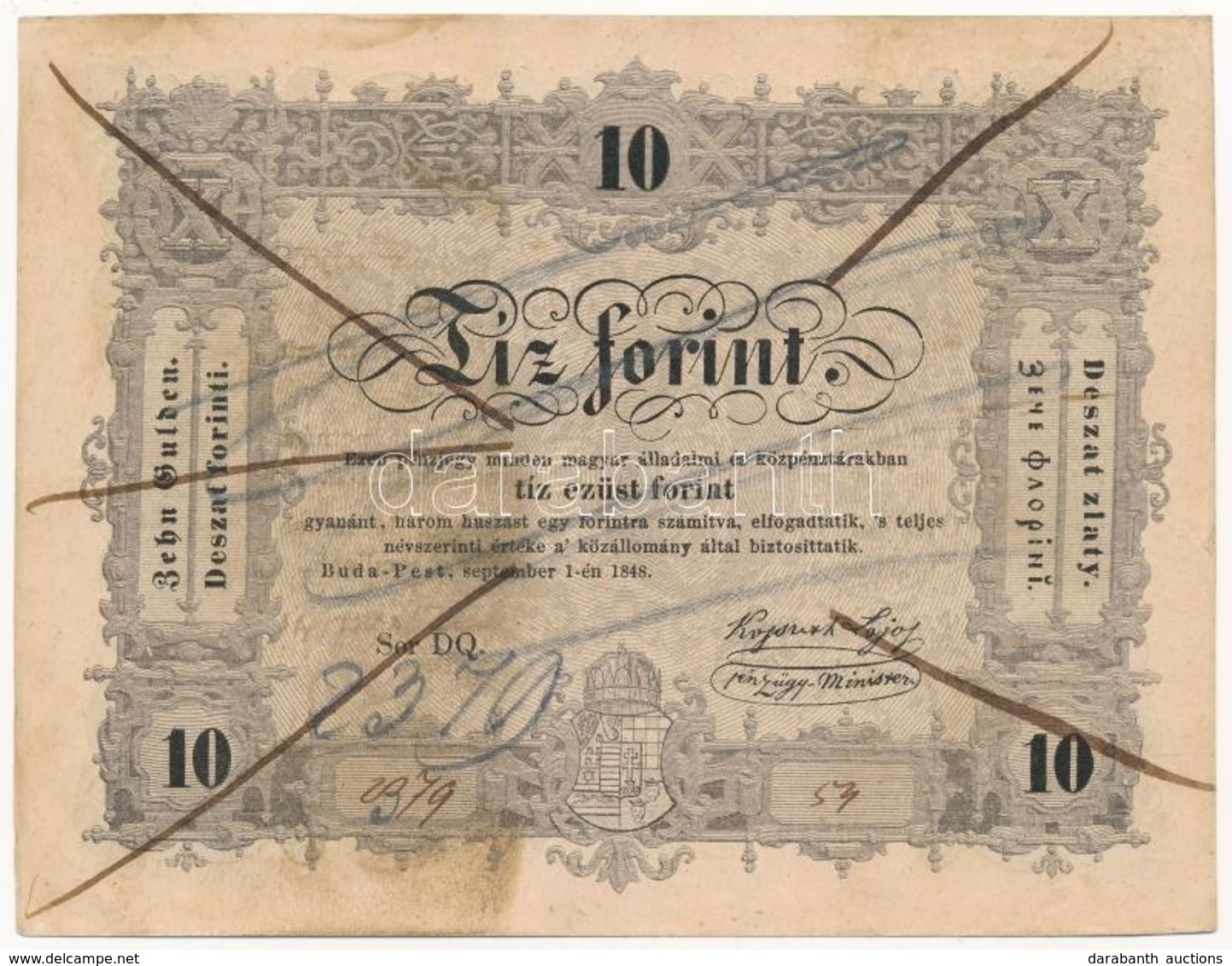 1848. 10Ft 'Kossuth Bankó' Elrontott Kézi Sorszámozás Miatt áthúzásokkal érvénytelenített Bankjegy, Hátoldalon Fordított - Sin Clasificación