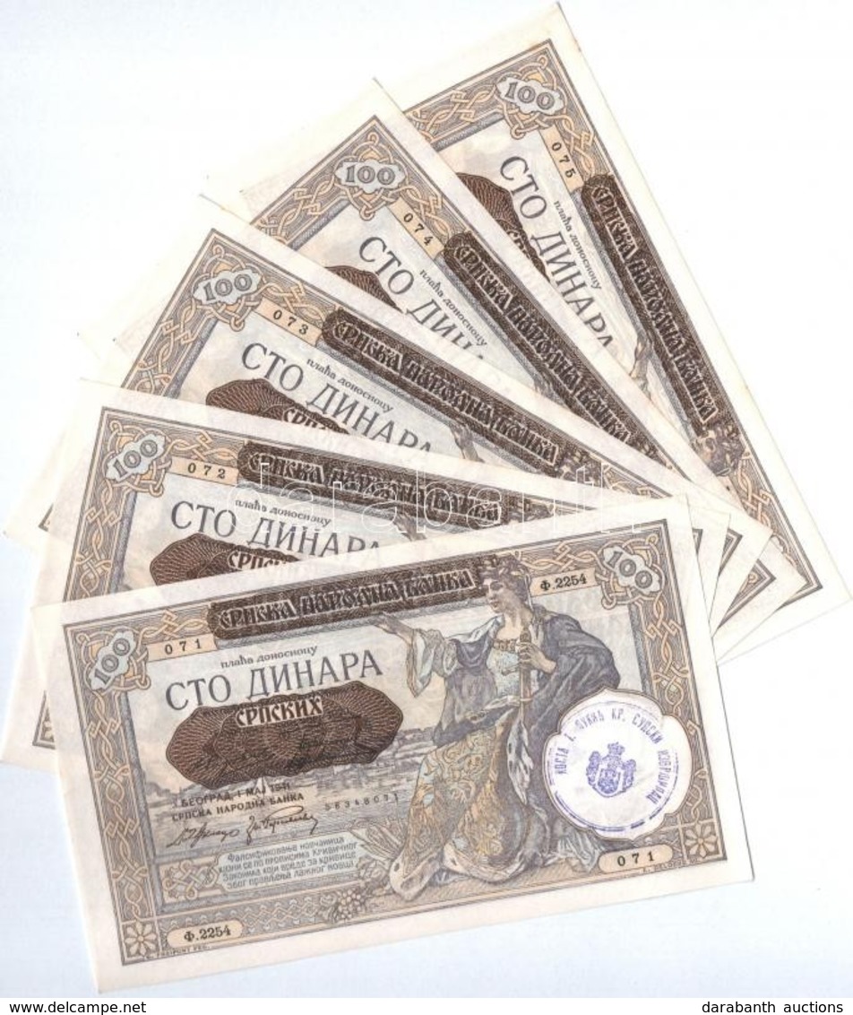 Jugoszlávia 1941. 100D (5x) Felülbélyegzéssel, Sorszámkövetők T:I- Foltos 
Yugoslavia 1941. 100 Dinara (5x) Sequential S - Sin Clasificación