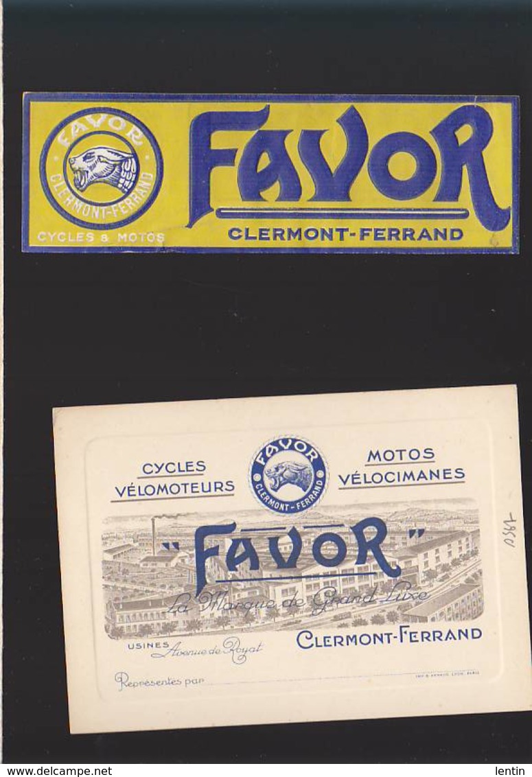 Cycles Et Motos / Favor, Clermont Ferrand / Carte De Représentant + étiquettte (décolllée De L'engin) - Visitenkarten