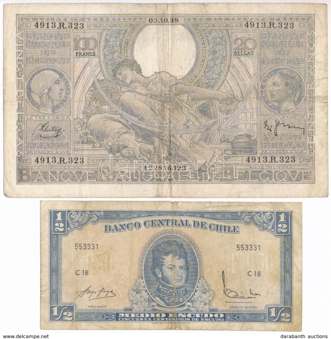 Vegyes: Belgium 1938. 100Fr + Chile ~1960. 1/2E T:III 
Mixed: Belgium 1938. 100 Francs + Chile ~1960. 1/2 Escudo C:F - Sin Clasificación