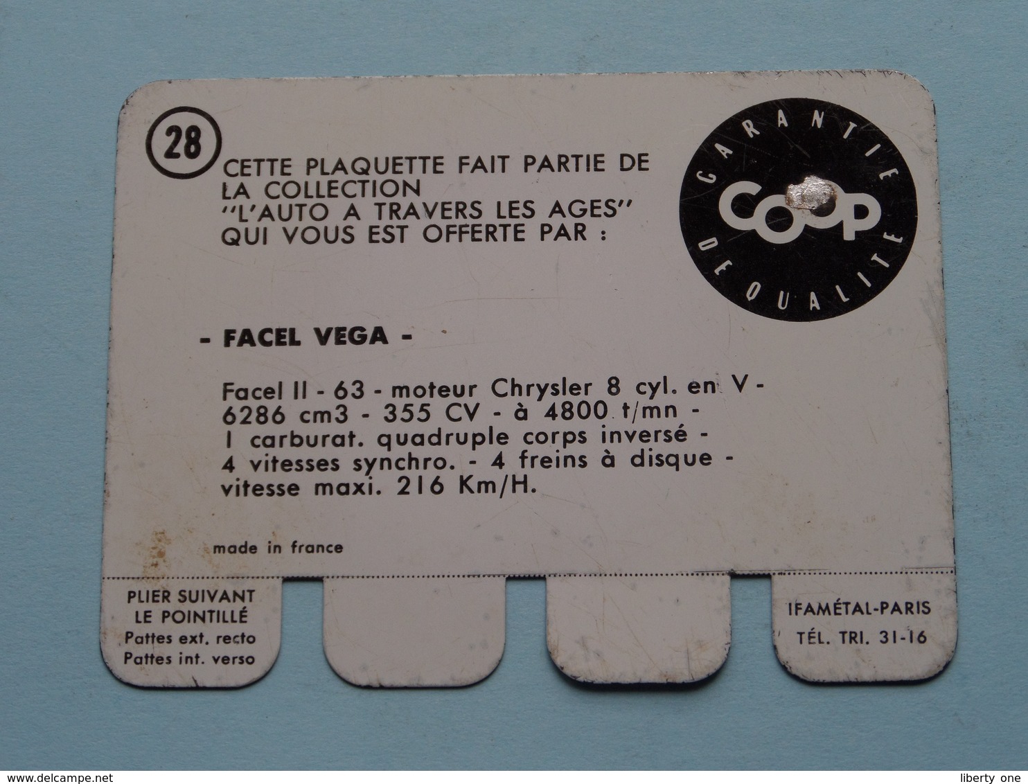 FACEL VEGA - Coll. N° 28 ( Plaquette C O O P - Voir Photo - Ifamétal Paris ) ! - Tin Signs (vanaf 1961)