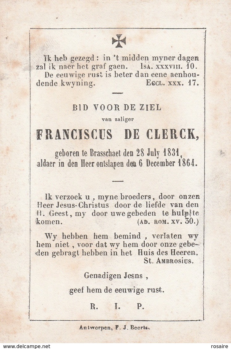 Franciscus De Clerck-brasschaet 1864 - Devotieprenten