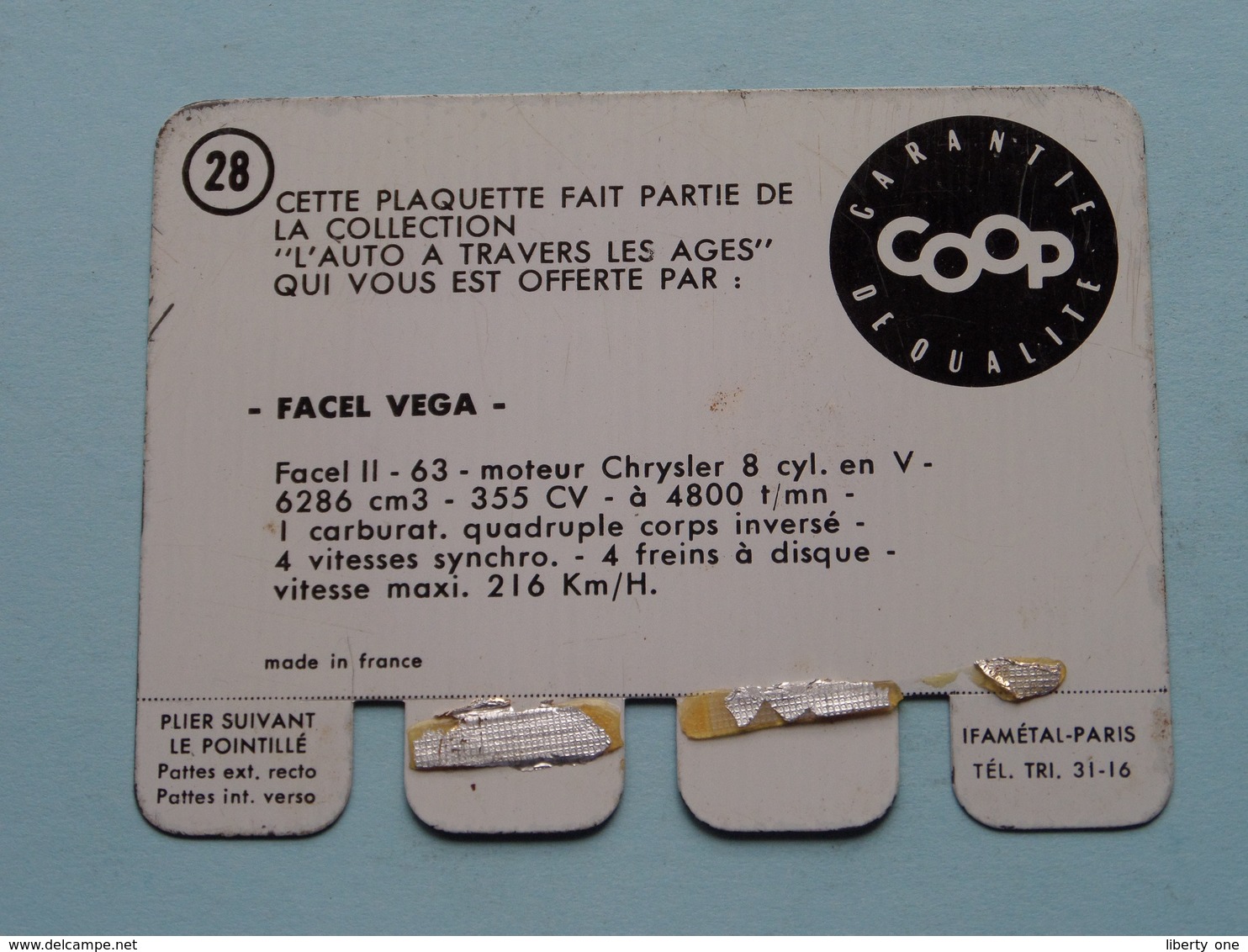 FACEL VEGA - Coll. N° 28 ( Plaquette C O O P - Voir Photo - Ifamétal Paris ) ! - Plaques En Tôle (après 1960)