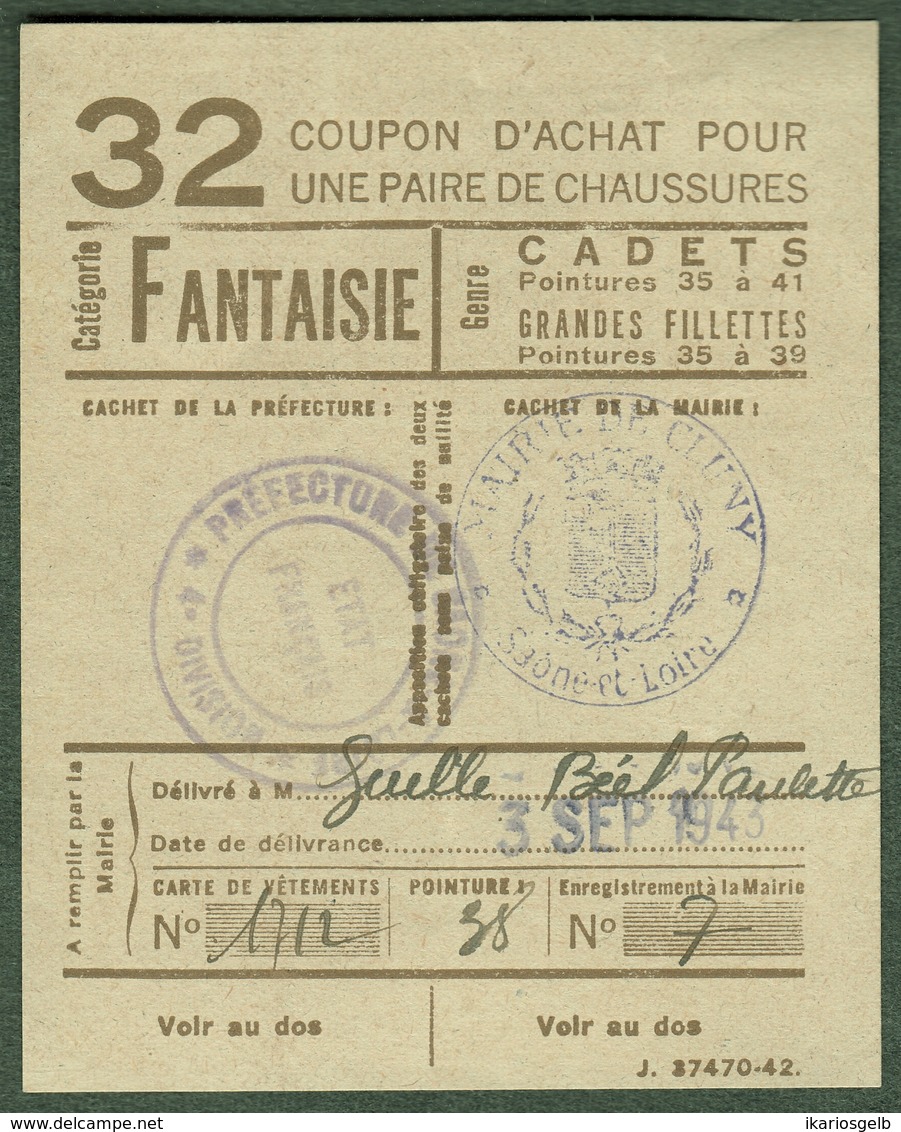 Coupon D'achat 1944 Cluny ( Saone-et-Loire ) " Chaussures Fantaisie Pour Cadets  " Carte Ravitaillement B - Fictifs & Spécimens