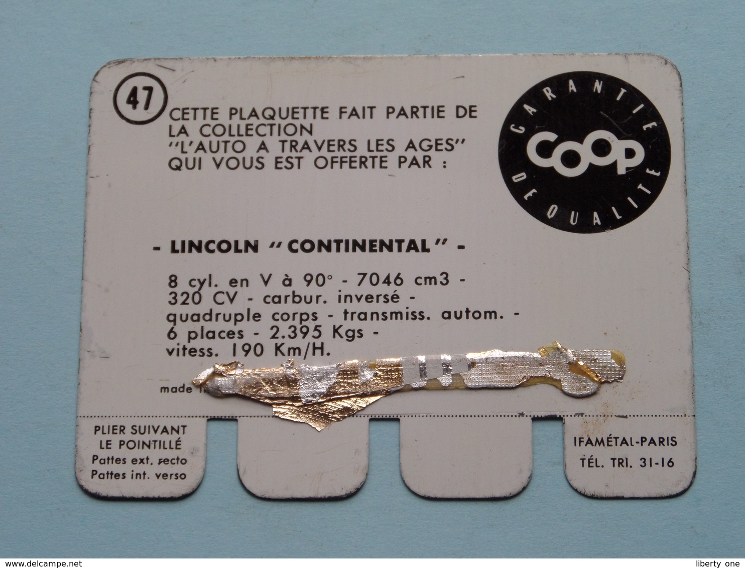 LINCOLN CONTINENTAL - Coll. N° 47 ( Plaquette C O O P - Voir Photo - Ifamétal Paris ) ! - Tin Signs (after1960)