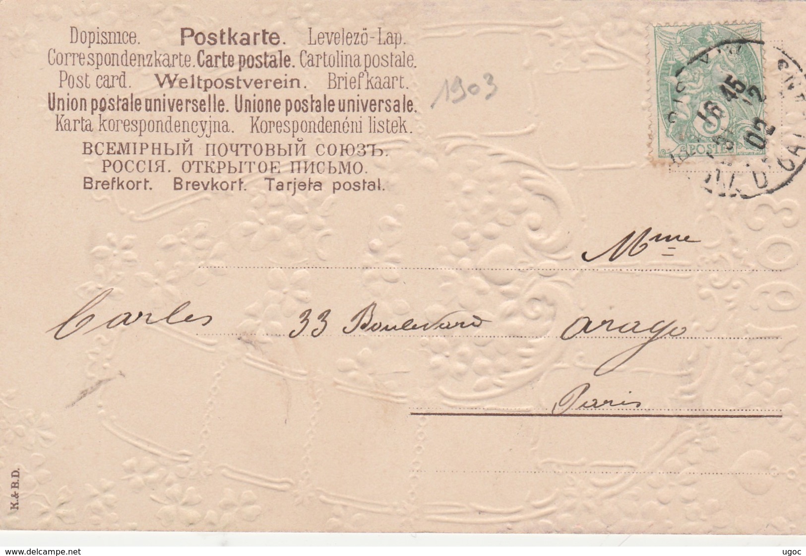 - Très Beau Calendrier 1903 Carte En Relief Voeux De Bonheur Avec Violettes - Big : 1901-20