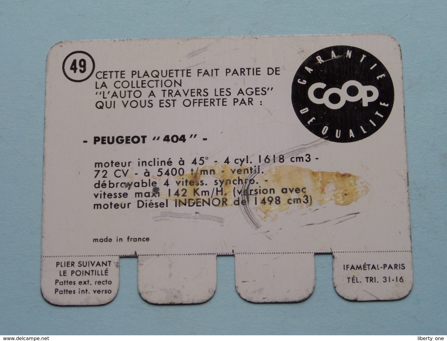 PEUGEOT 404 - Coll. N° 49 ( Plaquette C O O P - Voir Photo - Ifamétal Paris ) ! - Tin Signs (vanaf 1961)