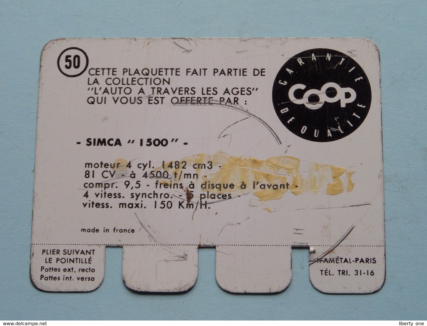 SIMCA 1500 - Coll. N° 50 ( Plaquette C O O P - Voir Photo - Ifamétal Paris ) ! - Targhe In Lamiera (a Partire Dal 1961)