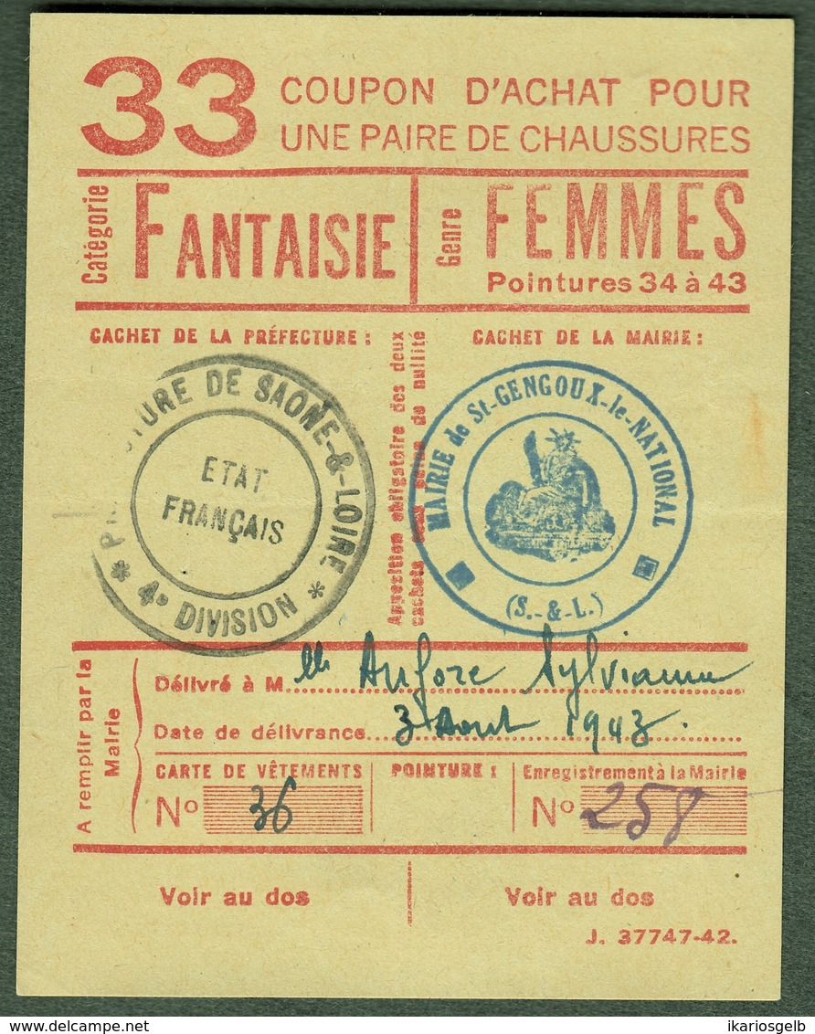 Coupon D'achat 1944 St.Gengoux ( Saone-et-Loire ) " Chaussures Fantaisie Pour Femmes  " Carte Ravitaillement D - Fictifs & Spécimens