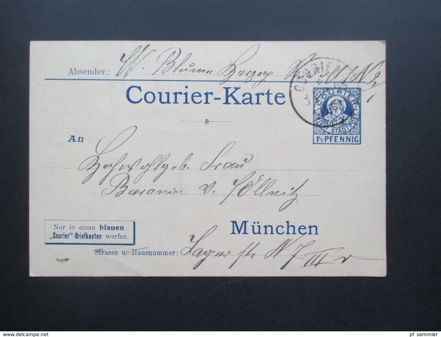 Deutsches Reich Privatpost Courier Karte München 1898 Nur In Einen Blauen Courier Briefkasten Werfen - Private & Lokale Post