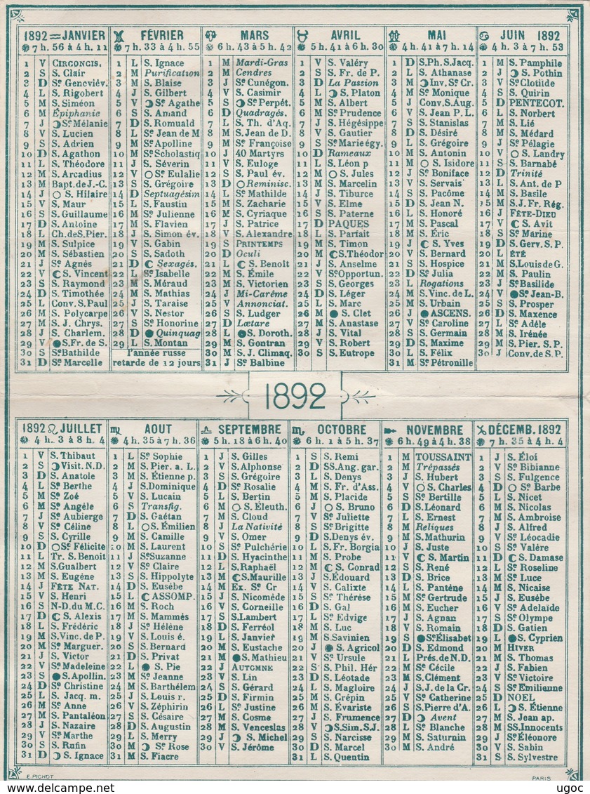 - Très Beau Calendrier 1892 Chromo 150mm X 100mm, E. PICHOT, 72 Quai Jemmapes à PARIS - Formato Piccolo : ...-1900