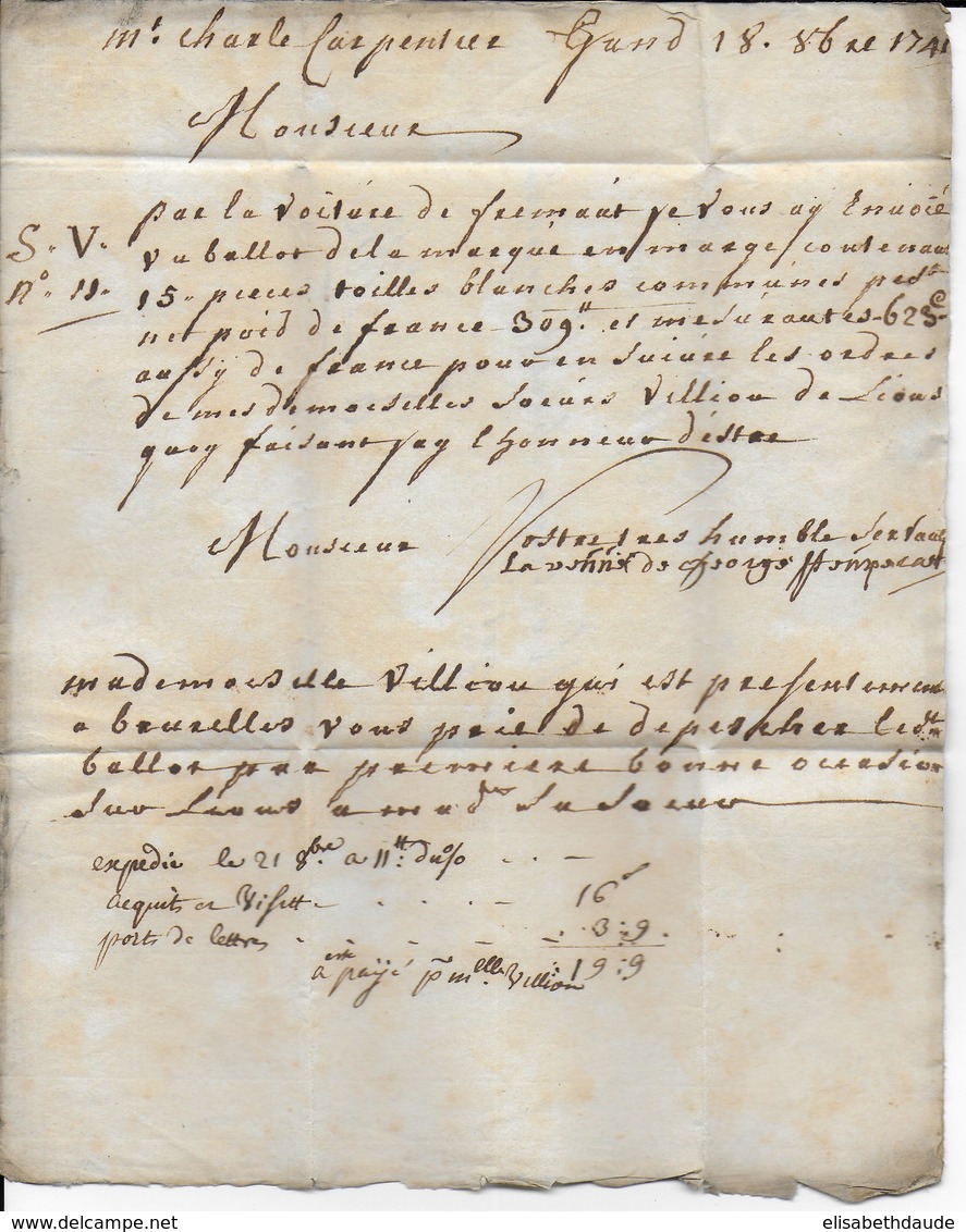 BELGIQUE - 1741 - LETTRE De GAND Avec TAXE MANU => LILLE - 1714-1794 (Oesterreichische Niederlande)