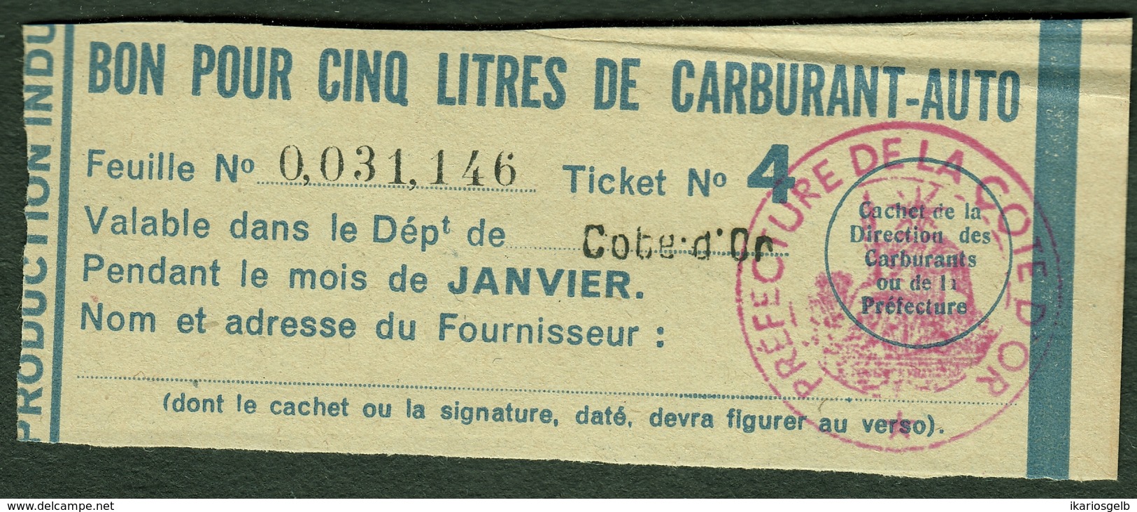 Coupon D'achat 1944 Dijon ( Cote-de-Or ) " Bon Pour Cinq Litre D' Carburant Auto " Carte Ravitaillement G - Fictifs & Spécimens