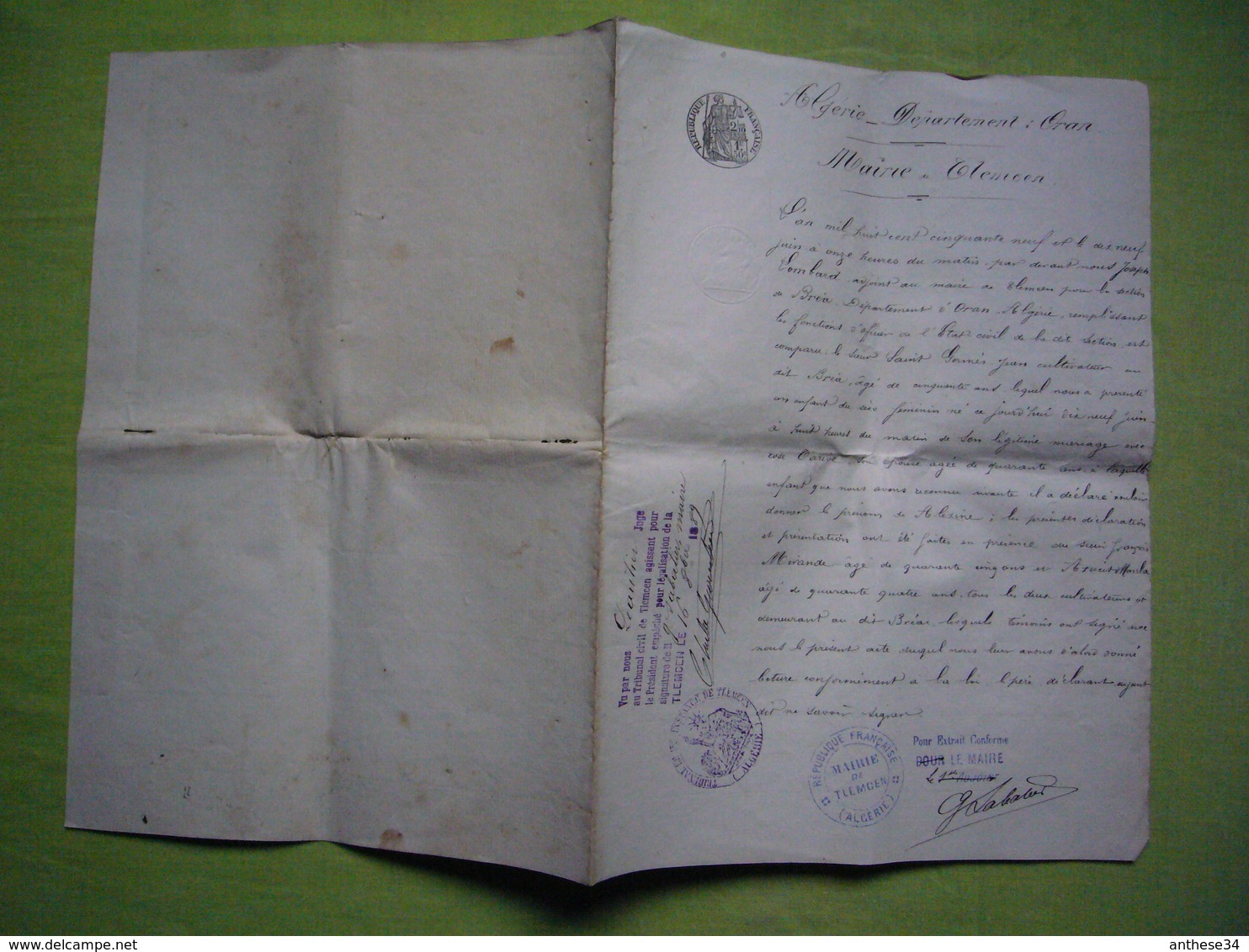 Algérie Mairie De Tlemcen Avis De Naissance Manuscrit 1859 - Manuscripten