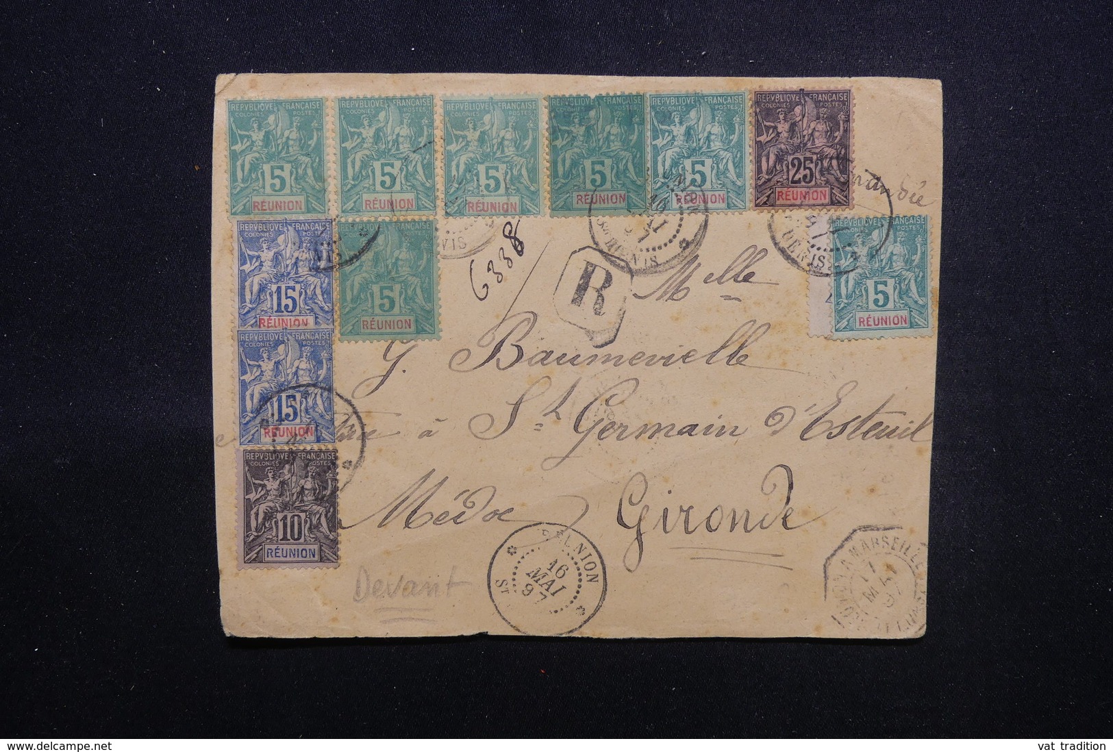 RÉUNION - Devant D'enveloppe En Recommandé De St Denis Pour La France En 1897, Affran.type Groupe Par Multiple - L 51666 - Storia Postale