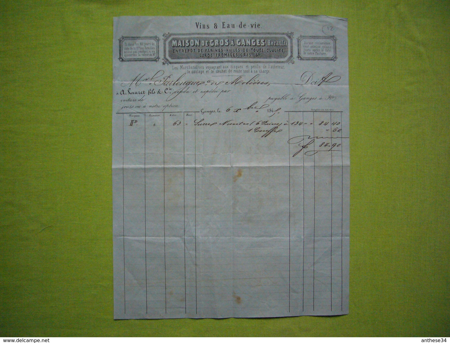 Facture1865 Vins Et Eaux De Vie Maison De Gros Sauret & Fils à Ganges - 1800 – 1899
