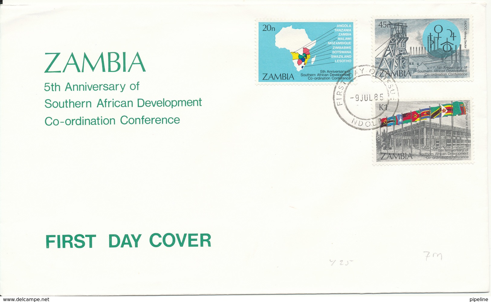 Zambia FDC 9-7-1985 5th Anniversary Of South African Development  Complete Set Of 3 With Cachet - Zambia (1965-...)