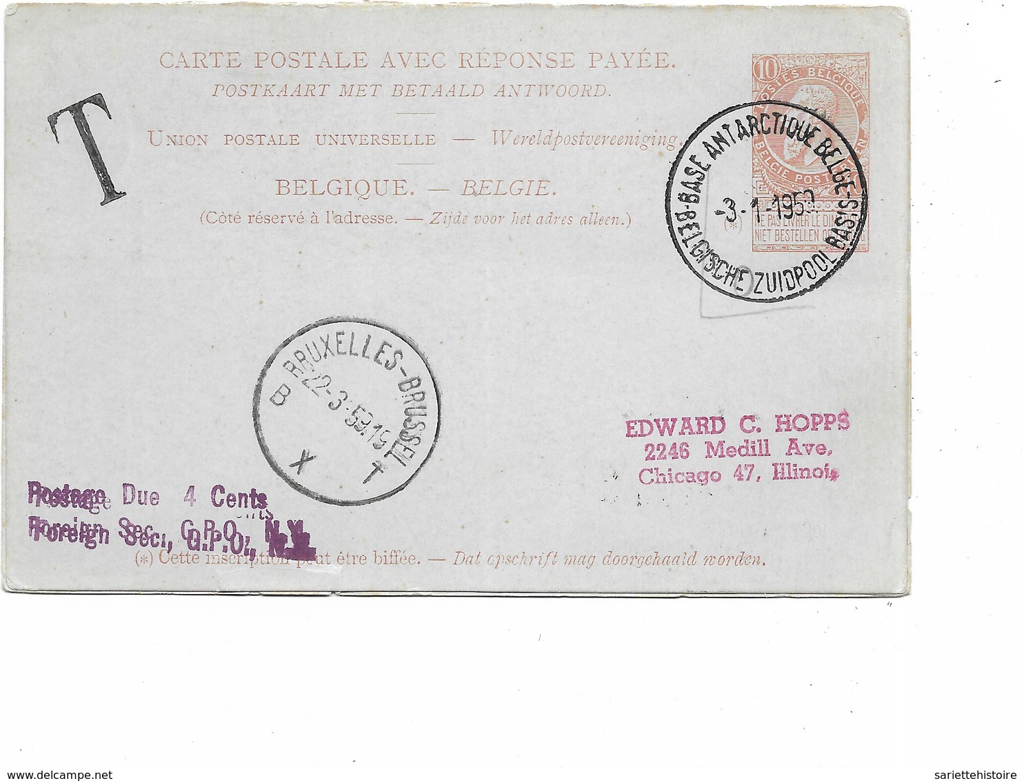 SH 0308.. CPRP 26. Emploi TRES TARDIF Obl. BASE ANTARCTIQUE BELGE 3.1.59 +BXL V. CHICAGO. TAXE 4 CENTS. Original. TB - Cartes Postales 1871-1909