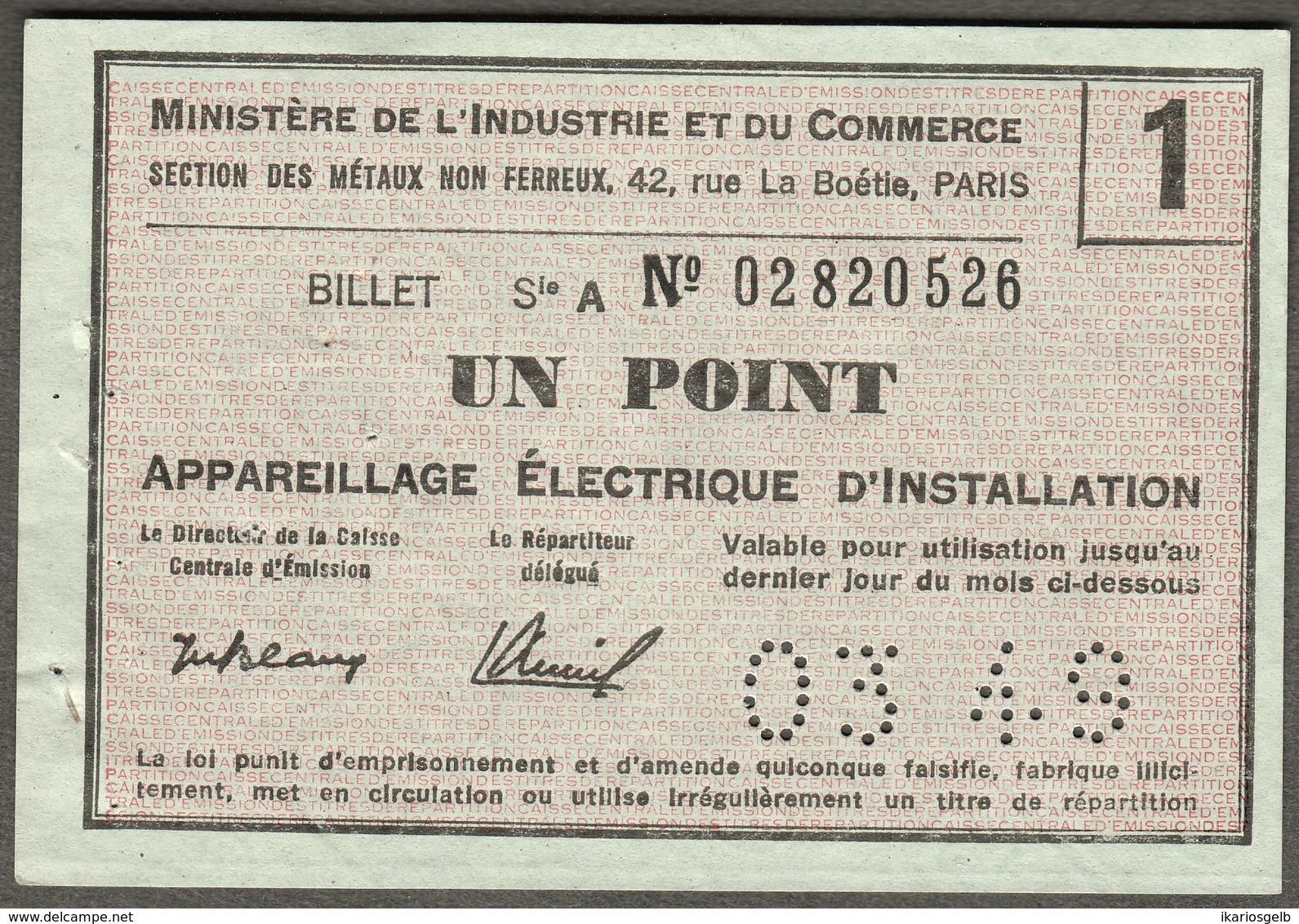 Coupon D'achat 1949 " Un Point Appareillage Electrique D'installation " Carte Ravitaillement K - Fictifs & Spécimens