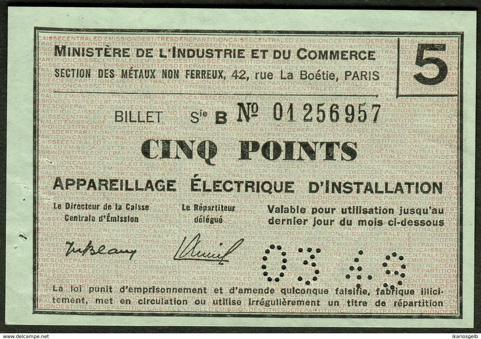 Coupon D'achat 1949 " Cinq Points Appareillage Electrique D'installation " Carte Ravitaillement L - Ficción & Especímenes