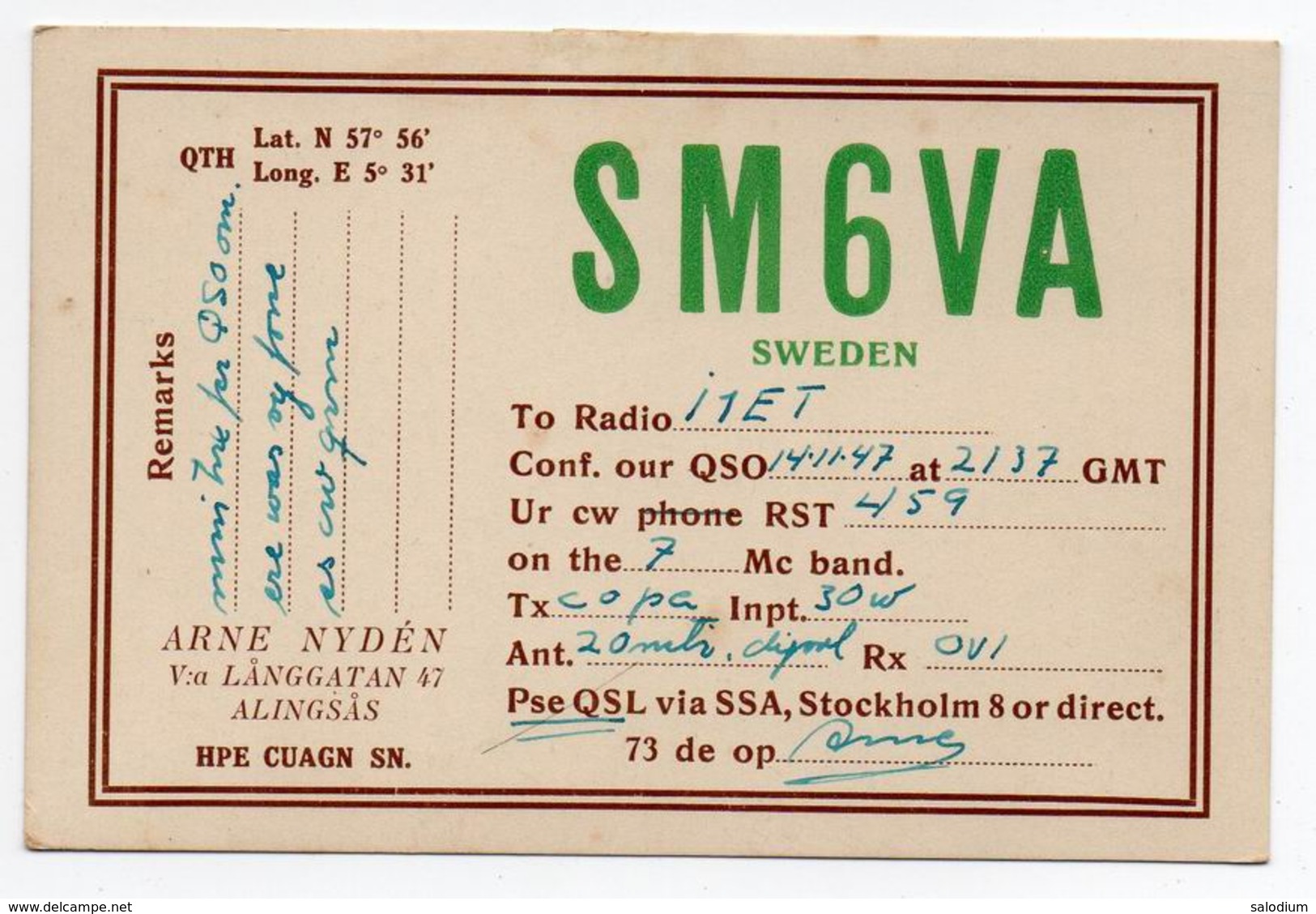 SWEDEN ALINGSAS - STOCKHOLM - CB RADIO - Radioamatore - Radioamateur - QSL - Short Wave - Altri & Non Classificati