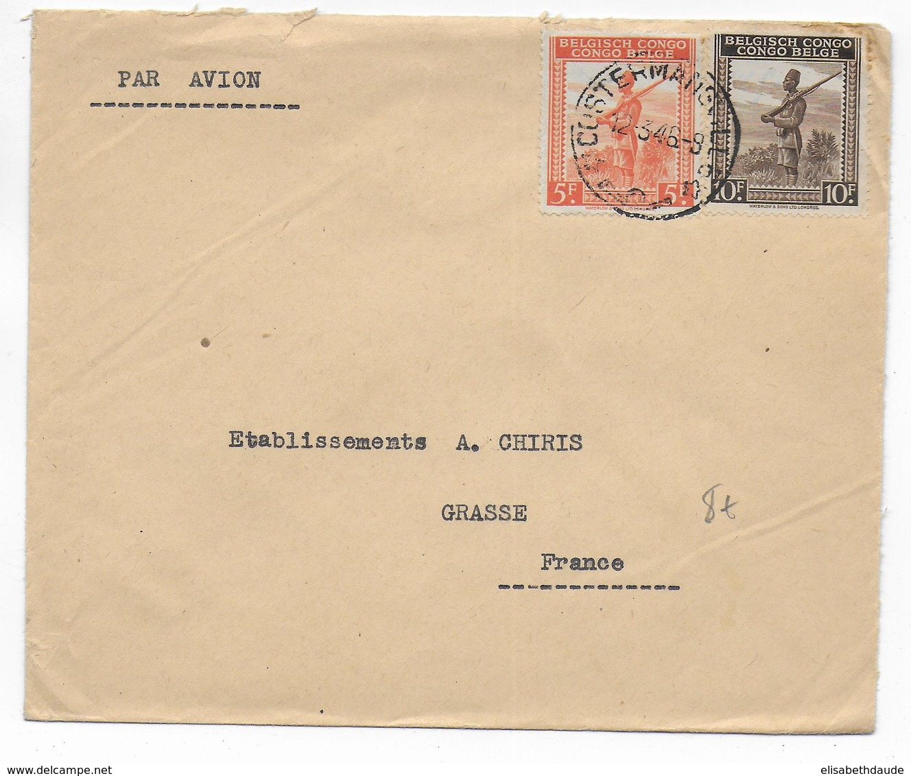 CONGO BELGE - 1946 - ENVELOPPE Par AVION De COSTERMANSVILLE => GRASSE (ALPES MARITIMES) - Covers & Documents