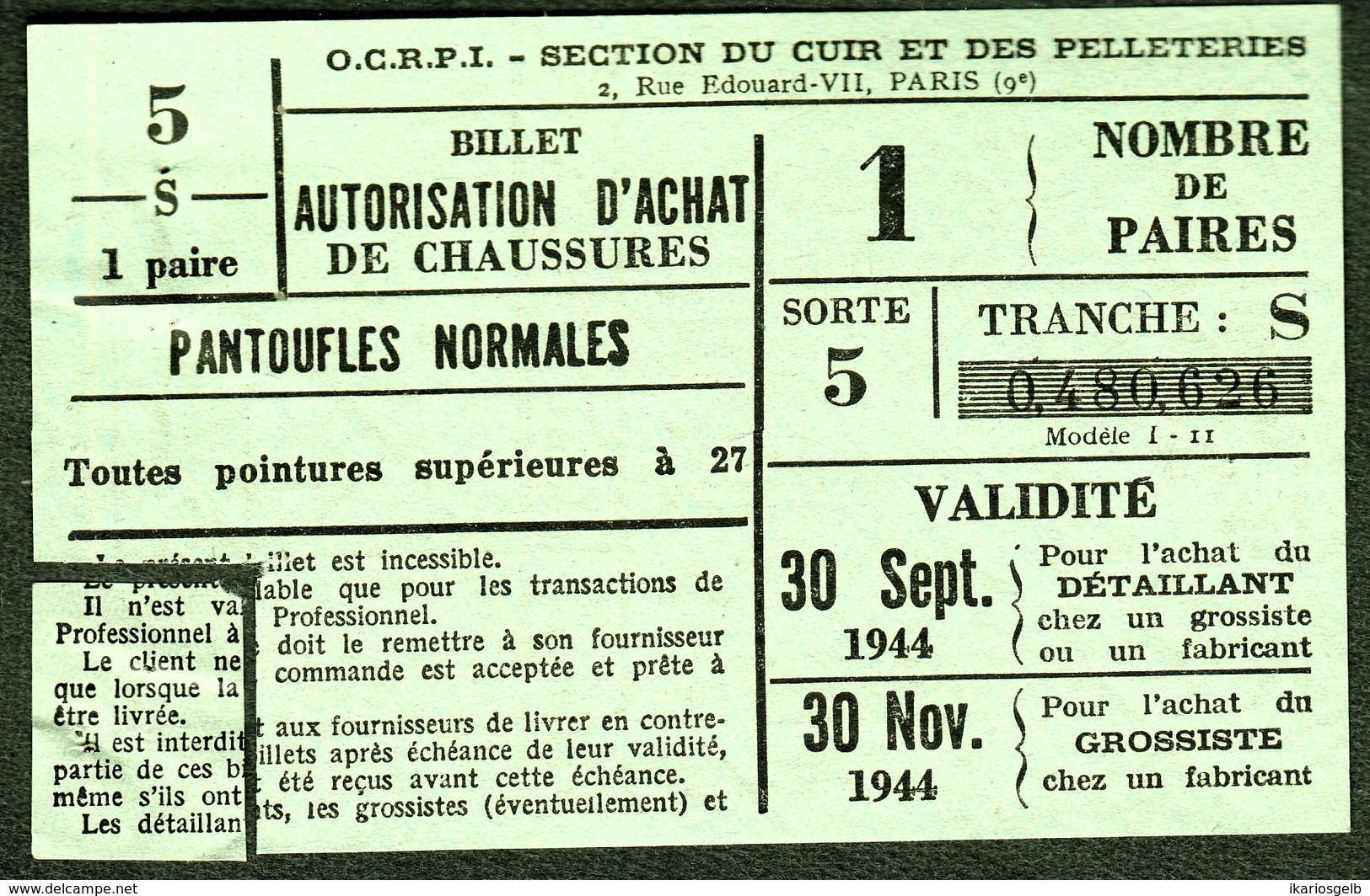 Coupon D'achat 1944 " Billet Autorisation D'Achat De Chaussures Pantoufles Normales 27+ " Carte Ravitaillement Q - Fictifs & Spécimens