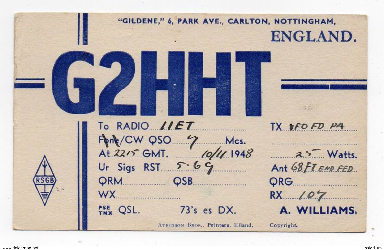 CARLTON NOTTINGHAM - ENGLAND  - CB RADIO - Radioamatore - Radioamateur - QSL - Short Wave - Altri & Non Classificati