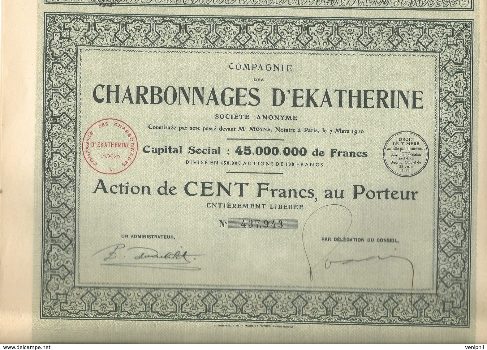 COMPAGNIE DES CHARBONNAGES D' EKATHERINE -LOT DE 5 ACTIONS - 1929 - Bergbau