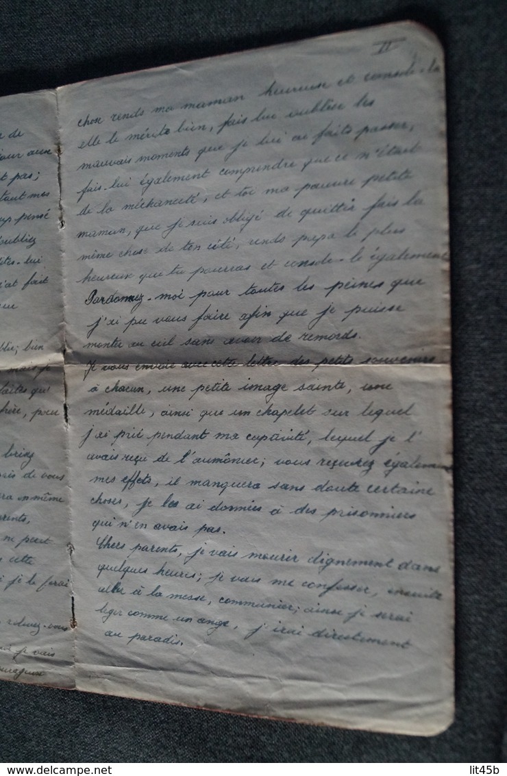 Document unique et originale manuscrit Achille Donny de Dinant,juste avant d'être fusillé à Liège 2/11/1943, 4 pages