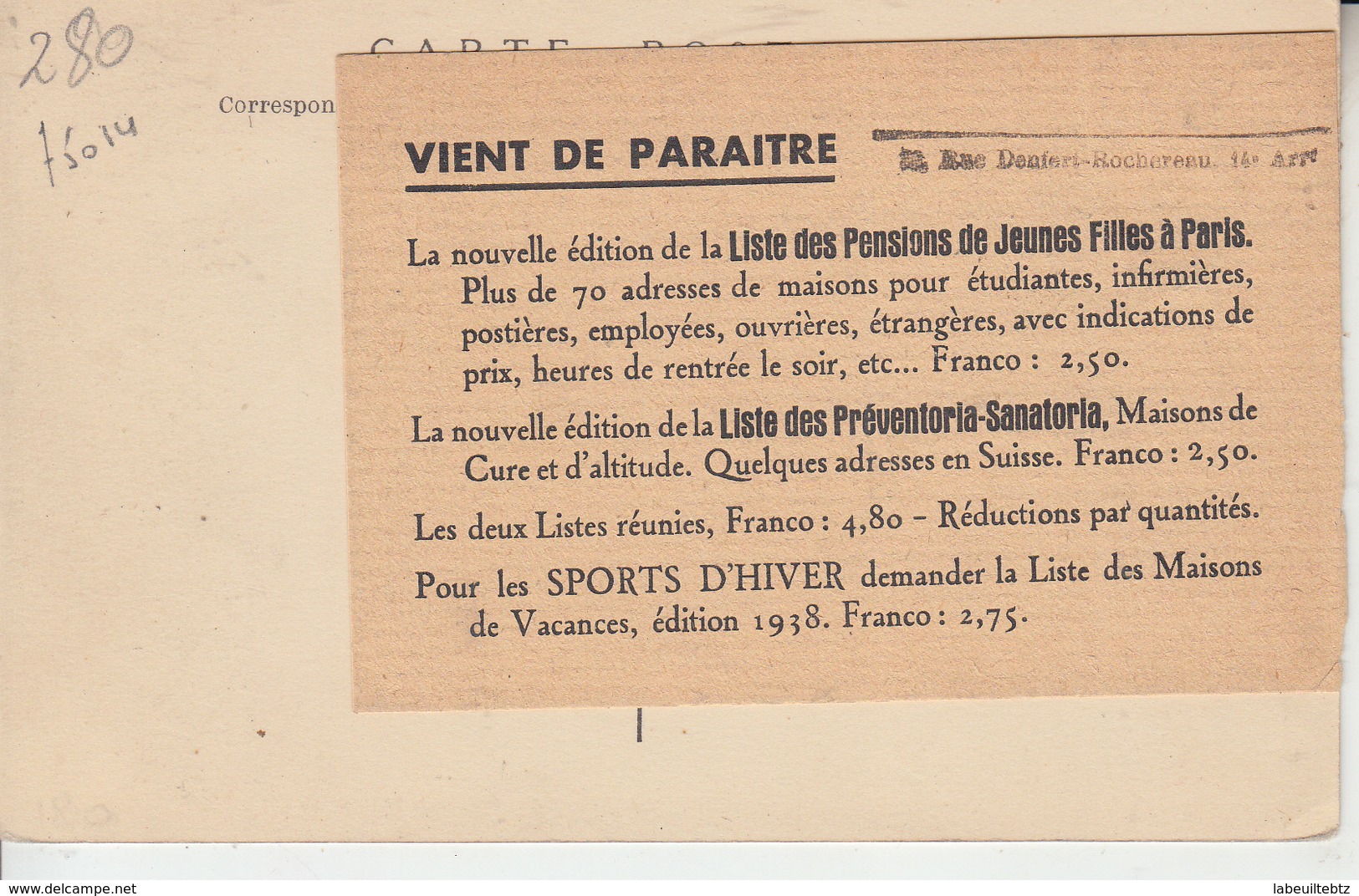 A.C. Des Oeuvres De Protection De Jeune Fille - 70 Rue Denfert Rochereau PARIS - Accueil à La Gare  PRIX FIXE - Arrondissement: 14