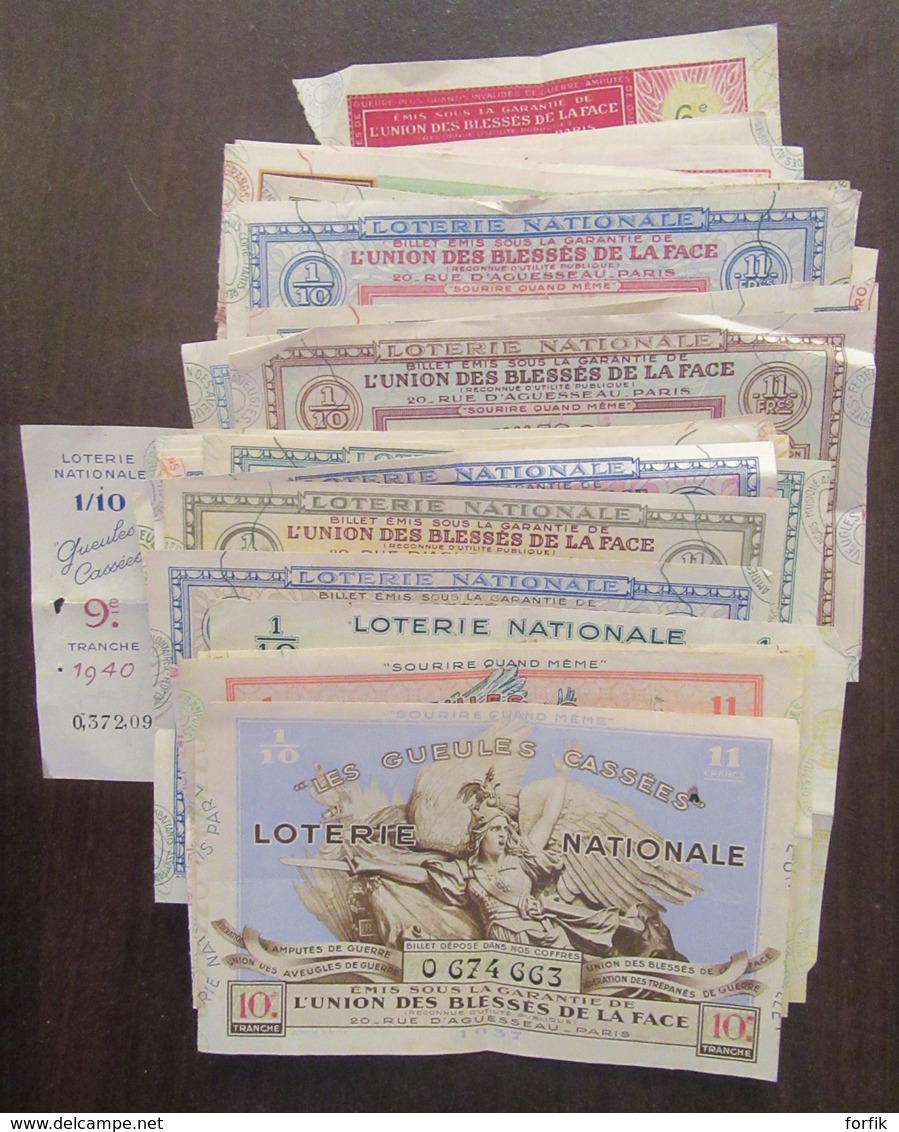 Lot De 36 Billets De Loterie "Gueules Cassées" 1937 à 1942 Dont Un Complet Et Plusieurs Avec Vignette - Lottery Tickets