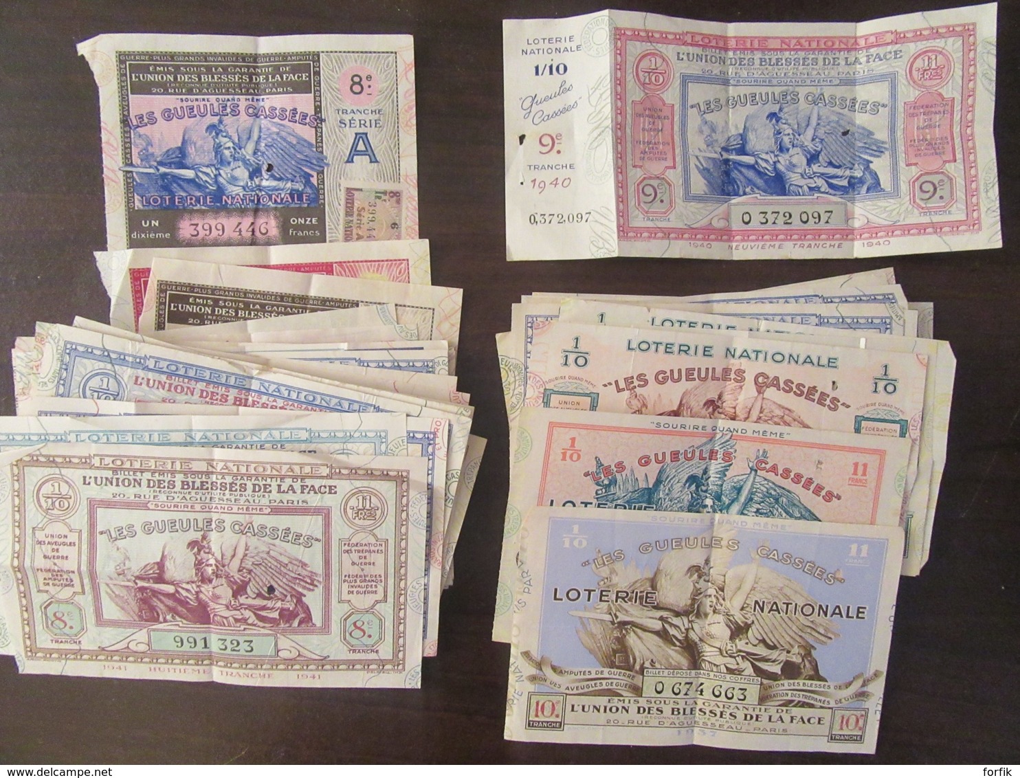 Lot De 36 Billets De Loterie "Gueules Cassées" 1937 à 1942 Dont Un Complet Et Plusieurs Avec Vignette - Lottery Tickets